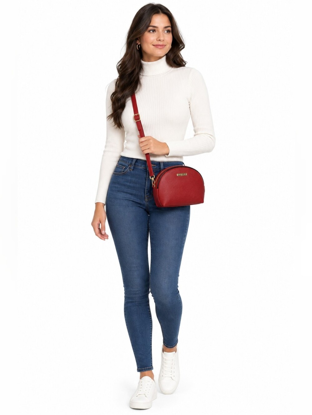 Red Faux Leather Small Dome Satchel Crossbody Bag Convertible Travel Pouch